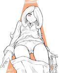  belt belt_removed cameltoe from_below hair_over_one_eye highres ice_keki little_witch_academia navel panties red_eyes simple_background skirt skirt_removed solo sucy_manbavaran underwear undressing 