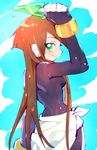  1girl aile bodysuit brown_hair cyborg green_eyes long_hair rockman rockman_zx rockman_zx_advent smile sweat tagme 