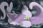  2017 2_toes animal_genitalia animal_penis anus big_butt butt cave digital_media_(artwork) dinosaur dragon goodra green_eyes hemipenes hi_res looking_at_viewer male multi_penis nintendo outside overweight penis pok&eacute;mon presenting purple_skin raised_leg raised_tail rottencanines slime slit smile solo toes video_games 