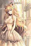  bare_shoulders blonde_hair blue_eyes breasts cleavage collarbone detached_sleeves dress eyebrows_visible_through_hair flower hair_flower hair_ornament large_breasts limeblock long_hair looking_at_viewer parted_lips rose seeu solo vocaloid wedding_dress white_dress white_flower white_rose 