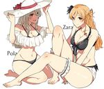  adjusting_clothes adjusting_hat arms_up asakawa_(outeq) bare_shoulders barefoot between_legs bikini black_bikini blonde_hair braid breasts brown_eyes cleavage closed_mouth collarbone commentary_request eyebrows_visible_through_hair fingernails full_body grey_hair hair_between_eyes hair_ornament hair_over_shoulder hand_between_legs hat kantai_collection large_breasts leg_grab long_hair looking_at_viewer multiple_girls navel open_mouth pola_(kantai_collection) red_ribbon remodel_(kantai_collection) ribbon seiza shaded_face shorts side_braid simple_background sitting smile swimsuit teeth wavy_hair white_background white_hat zara_(kantai_collection) 