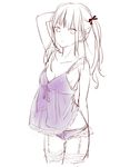  arm_up babydoll bad_id bad_pixiv_id bangs closed_mouth commentary_request covered_nipples cowboy_shot eyebrows_visible_through_hair frilled_panties frills garter_straps lingerie long_hair looking_at_viewer original panties partially_colored ponytail purple_babydoll purple_panties sidelocks sketch solo teti thighhighs underwear 
