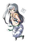  1girl asashio_(kantai_collection) bangs black_ribbon blush breasts cosplay covering covering_breasts dragon_ball dragon_ball_z ebifurya eyebrows_visible_through_hair full_body fusion gotenks gotenks_(cosplay) grey_eyes grey_hair hair_ribbon highres kantai_collection kasumi_(kantai_collection) long_hair looking_at_viewer navel one_side_up open_mouth pants ribbon simple_background sleeveless small_breasts solo spoken_interrobang stomach sweat white_background 