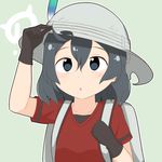  backpack bag black_eyes black_gloves black_hair blush collarbone eyebrows_visible_through_hair feathers gloves hat hat_feather helmet kaban_(kemono_friends) kemono_friends looking_at_viewer meiji_(meizi493) parted_lips pith_helmet red_shirt shirt short_hair short_sleeves solo upper_body 