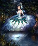  artist_request ballerina beak bird black_hair blue_eyes breasts bug cleavage closed_mouth cygames different_reflection dress elbow_gloves feather_trim flower forest frog fur_collar gem gloves grass insect ladybug lake light_smile looking_at_viewer medium_breasts nature night odette_white_swan official_art outdoors reflection shadowverse shingeki_no_bahamut strapless strapless_dress swan tiara tree white_dress 