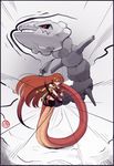  :o absurdres arm_ribbon bangs black_border boa_(brianoa) border boxing_gloves boxing_shorts crossover gen_2_pokemon gloves hair_between_eyes hair_ornament hairclip highres lamia long_hair looking_at_viewer miia_(monster_musume) monster_girl monster_musume_no_iru_nichijou open_mouth parted_lips pointy_ears pokemon pokemon_(creature) punching red_eyes red_gloves red_hair ribbon scales serious shorts slit_pupils speed_lines sports_bra steam steelix trail v-shaped_eyebrows very_long_hair yellow_eyes yellow_ribbon 