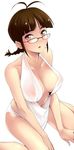  1girl akizuki_ritsuko antenna_hair breasts brown_hair cleavage female glasses hips idolmaster open_mouth pigtail solo thighs white_background 