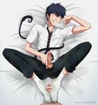  2boys ao_no_exorcist black_hair blush erection feet footjob full_body lying male_focus necktie penis pointy_ears smile socks tail teeth testicles yaoi yu_nomi 