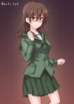  1girl anti_(untea9) breasts brown_background brown_eyes brown_hair clenched_hands commentary_request cowboy_shot gradient gradient_background green_neckwear green_serafuku green_skirt hair_between_eyes highres kantai_collection long_hair looking_at_viewer medium_breasts neckerchief ooi_(kantai_collection) pleated_skirt school_uniform serafuku simple_background skirt solo twitter_username 