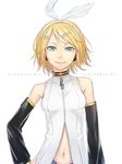  blonde_hair blue_eyes bow breasts character_name choker commentary_request detached_sleeves dress english hair_bow hair_ornament hairclip hand_on_hip highres kagamine_rin kagamine_rin_(append) looking_at_viewer navel short_hair simple_background small_breasts smile solo standing sugi_214 treble_clef upper_body vocaloid vocaloid_append white_background white_dress 