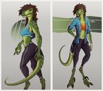  anthro breasts brown_hair clothed clothing digitigrade dinosaur female hair lolzguy midriff navel raptor solo standing theropod 