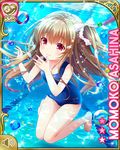  asahina_momoko barefoot brown_hair bubble card_(medium) character_name girlfriend_(kari) knees_together_feet_apart long_hair official_art one-piece_swimsuit pool qp:flapper red_eyes ribbon school_swimsuit side_ponytail solo swimsuit underwater water 