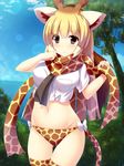  animal_ears black_eyes blonde_hair blush breast_pocket breasts eyebrows_visible_through_hair giraffe_ears giraffe_horns highres kemono_friends large_breasts liya looking_at_viewer multicolored multicolored_clothes multicolored_legwear navel panties parted_lips pocket reticulated_giraffe_(kemono_friends) scarf solo thighhighs underwear 