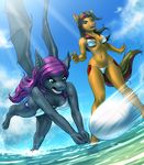  5_fingers anthro bikini breasts clothing cutie_mark day duo equine fan_character female green_eyes hair mammal membranous_wings midriff my_little_pony mykegreywolf navel open_mouth outside purple_hair sky standing swimsuit teeth tongue wide_hips wings 