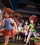  4girls antenna_hair barbecue black_hair blue_eyes brown_eyes brown_hair dutch_angle eating fireworks food glasses green_eyes highres ichijou_hotaru koshigaya_komari koshigaya_natsumi koshigaya_suguru long_hair meat miyauchi_renge multiple_girls night non_non_biyori open_mouth pants ponytail purple_hair running ruu_(tksymkw) short_hair skewer skirt sky sparkler star_(sky) starry_sky twintails two_side_up 