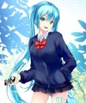  1girl :d blue_cardigan blue_eyes blue_hair blue_skirt bow bowtie cellphone cowboy_shot floating_hair hair_between_eyes hand_in_pocket hatsune_miku holding holding_phone kemeko_(s065026) long_hair long_sleeves miniskirt open_mouth phone pleated_skirt red_bow red_neckwear shiny shiny_hair skirt smartphone smile solo standing twintails very_long_hair vocaloid 