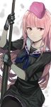  bangs black_legwear black_serafuku black_skirt closed_mouth garrison_cap girls_frontline gun hat holding holding_gun holding_weapon long_hair looking_at_viewer ntw-20_(girls_frontline) pantyhose pinch_(nesume) pink_eyes pink_hair pleated_skirt rifle school_uniform serafuku skirt sniper_rifle solo weapon 