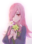  artist_name dress eyeshadow flower hair_over_one_eye highres holding holding_flower kezi lily_(flower) little_witch_academia long_hair looking_at_viewer makeup pale_skin pink_hair purple_hair red_eyes simple_background smile solo sucy_manbavaran upper_body witch 