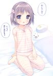  arm_support bare_arms barefoot bed_sheet blush bow brown_eyes brown_hair child commentary_request eyebrows_visible_through_hair flower hair_flower hair_ornament hand_on_leg looking_at_viewer on_bed open_mouth original pajamas pillow pink_bow seiza shiny shiny_skin short_sleeves sitting solo striped striped_pajamas stuffed_animal stuffed_penguin stuffed_seal stuffed_toy translated usashiro_mani 