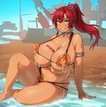  1girl areola_slip areolae armband armpit_hair bellows_(suisei_no_gargantia) bikini blue_eyes blush breasts cameltoe choker curvy earrings erect_nipples hair_between_eyes happy_trail huge_breasts jewelry kunaboto lactation large_areolae long_hair looking_at_viewer micro_bikini navel necklace nipples parted_lips plump ponytail pubic_hair puffy_nipples red_hair sitting sky smile solo suisei_no_gargantia swimsuit tattoo thick_thighs thighs water wide_hips 