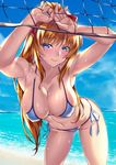  armpits beach bikini blonde_hair blue_bikini blue_eyes blush breasts cleavage covered_nipples day highres hips large_breasts light_smile long_hair looking_at_viewer navel original outdoors ponytail shirokuma_a smile solo sweat swimsuit thighs very_long_hair volleyball_net water 