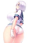  :o ass bangs blue_eyes blunt_bangs breasts covered_nipples cowboy_shot from_behind gloves hair_ornament hairclip hamakaze_(kantai_collection) highres huge_breasts kantai_collection looking_at_viewer neckerchief no_pants panties parted_lips profile shirt short_hair short_sleeves simple_background solo tsukumiya_amane underwear white_background white_gloves white_hair white_panties white_shirt 