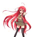  1girl :d ahoge alastor_(shakugan_no_shana) black_legwear bow collarbone floating_hair grey_bow grey_neckwear hair_between_eyes jewelry long_hair looking_at_viewer miniskirt necklace open_mouth ortensia_ix pleated_skirt red_eyes red_hair school_uniform shakugan_no_shana shana shiny shiny_clothes shiny_hair shirt short_sleeves simple_background skirt smile solo standing thighhighs very_long_hair white_background zettai_ryouiki 