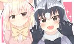  animal_ears black_hair blonde_hair bow brown_eyes closed_mouth common_raccoon_(kemono_friends) eyebrows_visible_through_hair fang fennec_(kemono_friends) fox_ears grey_hair kemono_friends looking_at_another looking_at_viewer meiji_(meizi493) multiple_girls open_mouth raccoon_ears white_hair yellow_bow 