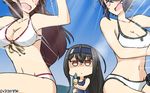  bikini black_hair blush breasts brown_eyes brown_hair commentary cosplay dated emphasis_lines empty_eyes front-tie_bikini front-tie_top hamu_koutarou hatsushimo_(kantai_collection) headband highres kantai_collection kongou_(kantai_collection) long_hair medium_breasts multiple_girls navel one-piece_swimsuit out_of_frame purple_hair remodel_(kantai_collection) shaded_face short_hair swimsuit tenryuu_(kantai_collection) water_gun white_bikini yamato_(kantai_collection) yamato_(kantai_collection)_(cosplay) 