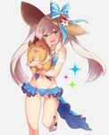  animal blue_bow blue_eyes blue_ribbon blush boar bow collarbone eyebrows_visible_through_hair fate/grand_order fate_(series) flip-flops hat hat_bow highres holding holding_animal jewelry long_hair looking_at_viewer marie_antoinette_(fate/grand_order) marie_antoinette_(swimsuit_caster)_(fate) navel necklace parted_lips ribbon sandals silver_hair smile tgh326 twintails 