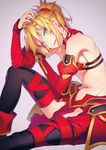  black_legwear blonde_hair breasts fate/apocrypha fate_(series) gradient gradient_background green_eyes hand_on_own_head highres looking_at_viewer medium_breasts mordred_(fate) mordred_(fate)_(all) navel nilitsu ponytail short_hair sitting solo thighhighs 