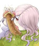 absurdres close-up grass hair_over_one_eye heart heart-shaped_pupils highres holding ice_keki licking little_witch_academia long_hair mushroom orange_eyes pale_skin pink_hair sexually_suggestive solo sucy_manbavaran suggestive_fluid symbol-shaped_pupils tongue veins white_background 