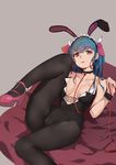  animal_ears bangs bare_arms bare_shoulders black_legwear black_leotard blue_hair breasts breasts_apart bunny_ears bunnysuit choker collarbone eyebrows_visible_through_hair fake_animal_ears frilled_cuffs frills grain hair_ornament hair_ribbon high_heels highres holding holding_strap leg_up leotard long_hair looking_at_viewer lying maid_headdress medium_breasts on_back open_mouth original pantyhose pink_footwear red_eyes red_ribbon ribbon shoes simple_background solo strapless strapless_leotard wrist_cuffs 