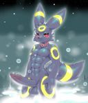  2017 abs anthro balls big_penis black_balls black_fur black_nose blush collar eeveelution erection fur glans glossy_glans keron looking_at_viewer male muscular muscular_male nintendo nude pecs penis pok&eacute;mon precum pvt._keron red_eyes simple_background standing umbreon video_games yellow_fur 