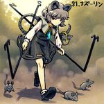  animal_ears bare_legs basket black_footwear black_skirt capelet dowsing_rod full_body green_hair holding jewelry long_sleeves looking_at_viewer lowres meimaru_inuchiyo mouse mouse_ears mouse_tail nazrin pendant red_eyes shoes short_hair skirt skirt_set socks solo tail touhou vest walking white_legwear 