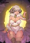  2017 animal_ears arm_support artist_name backlighting bangs baphel_(lunar_regalia) bare_shoulders beads black_eyes black_legwear bracelet breasts chain_belt cleavage cowboy_shot dated detached_collar earrings eyebrows eyebrows_visible_through_hair fingernails fur_trim garter_straps gem highres hips horns jewelry large_breasts legs_together leotard lips long_fingernails looking_away looking_to_the_side lunar_regalia norasuko parted_bangs parted_lips ribbed_leotard rock short_eyebrows short_hair signature sitting solo strapless strapless_leotard thick_eyebrows thigh_gap thighhighs thighs topaz_(stone) white_hair white_leotard 