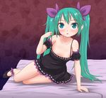  1girl adjusting_clothes aqua_eyes aqua_hair arm_support blush breasts cleavage downblouse hatsune_miku long_hair n2m3 no_bra open_mouth small_breasts twintails vocaloid 