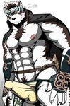  2017 armor bearlovestiger13 belt blush body_hair brown_fur bulge canine chest_hair clothing coat erection fur gauntlets gloves headband horkeukamui jacket loincloth male mammal muscular muscular_male nipples on_shoulders pubes tokyo_afterschool_summoners underwear underwear_pull white_fur wolf yellow_eyes 