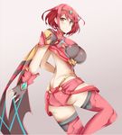  1girl ass blush breasts butt_crack fingerless_gloves gloves homura_(xenoblade_2) large_breasts olly red_eyes red_hair scarf shiny shiny_clothes shiny_hair shiny_skin short_hair short_shorts shorts smile solo thighhighs xenoblade xenoblade_2 