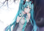  :&lt; against_tree aqua_eyes aqua_hair bare_shoulders closed_mouth commentary_request dajyu detached_sleeves eyebrows_visible_through_hair hatsune_miku leaning long_hair looking_afar looking_away necktie outdoors snow solo suna_no_wakusei_(vocaloid) tree twintails very_long_hair vocaloid 