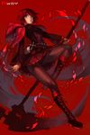  black_footwear boots brown_hair cape hankuri knee_boots pantyhose red red_background red_hair ruby_rose rwby scythe short_hair skirt solo 