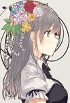  bangs blouse blue_eyes blush closed_mouth commentary_request flower from_side grey_background grey_hair hair_flower hair_ornament highres hiwatari_rin long_hair original profile puffy_short_sleeves puffy_sleeves short_sleeves sidelocks smile solo spiral upper_body white_blouse 