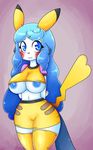  anthro basketgardevoir big_breasts blue_eyes blue_hair blue_nipples blush breasts celeste_(basketgardevoir) clothed clothing clothing_lift cosplay costume fake_ears fan_character female freckles hair legwear long_hair mammal mustelid navel nintendo nipples oshawott pikachu pok&eacute;mon shirt shirt_lift simple_background skirt solo thick_thighs thigh_highs video_games wide_hips 