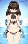  ass_visible_through_thighs bikini black_bikini blue_eyes blue_sky book book_to_mouth breasts brown_hair cleavage cloud cloudy_sky covering_mouth cowboy_shot day fingernails front-tie_bikini front-tie_top groin hair_between_eyes hair_ornament hairband hairclip hands_up holding holding_book idolmaster idolmaster_cinderella_girls kuro_(kuronell) large_breasts long_fingernails long_hair looking_at_viewer navel ocean outdoors recording sagisawa_fumika shawl side-tie_bikini sky solo standing stomach strapless strapless_bikini swimsuit viewfinder water 
