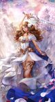  angel_wings arm_up bracelet brown_hair cloud dress flower glint hair_flower hair_ornament highres holding holding_sword holding_weapon jewelry long_hair nail_polish red_nails solan solo standing sword weapon white_dress white_wings wings 