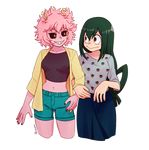  :d alternate_costume artist_request ashido_mina asui_tsuyu black_sclera boku_no_hero_academia breasts cardigan casual cropped_legs green_hair highres horns locked_arms long_hair long_sleeves looking_at_another medium_breasts midriff multiple_girls navel open_clothes open_mouth pink_hair short_hair shorts smile teeth transparent_background yellow_eyes 
