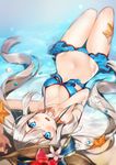  beach bikini blue_bikini blue_eyes blush breasts cleavage fate/grand_order fate_(series) hat long_hair looking_at_viewer lying marie_antoinette_(fate/grand_order) marie_antoinette_(swimsuit_caster)_(fate) medium_breasts navel on_back open_mouth sabet_(young_ouo) silver_hair smile solo starfish swimsuit twintails upside-down 