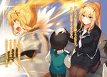  2boys armor black_hair black_legwear black_pants black_shirt black_skirt blonde_hair blue_eyes breasts cleavage collarbone darkness darkness_(konosuba) eyebrows_visible_through_hair floating_hair hair_between_eyes hair_ornament highres holding kneeling kono_subarashii_sekai_ni_shukufuku_wo! large_breasts long_hair miniskirt mishima_kurone multiple_boys neckerchief novel_illustration official_art pants pantyhose pencil_skirt ponytail shirt short_hair shoulder_armor skirt smile spaulders standing translation_request very_long_hair white_neckwear white_shirt 