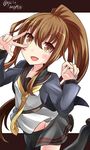  2017 belt black_legwear black_serafuku blush brown_eyes brown_hair crescent crescent_moon_pin eyebrows_visible_through_hair fumizuki_(kantai_collection) hebitsukai-san highres jacket kantai_collection long_hair long_sleeves looking_at_viewer neckerchief open_mouth ponytail remodel_(kantai_collection) school_uniform serafuku solo twitter_username v yellow_neckwear 