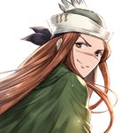  back brown_eyes brown_hair cape feathers granblue_fantasy hat highres long_hair male_focus scar simple_background solo tomo_(user_hes4085) upper_body walder white_background 